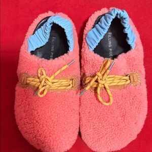 Filling Pieces Coral Fuzzy Slip-Ons with Yellow Laces